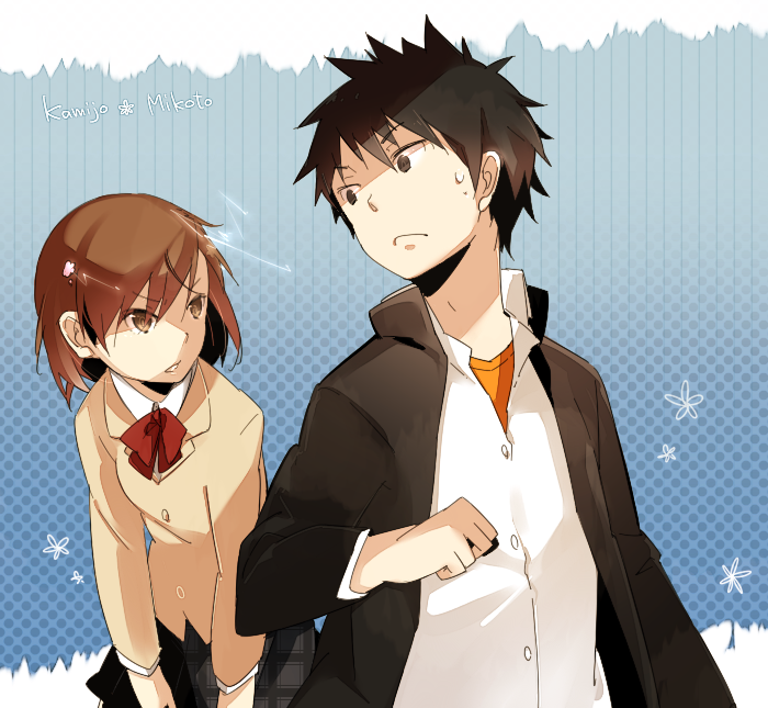 misaka mikoto and kamijou touma (toaru majutsu no index and 1 more) drawn by tknoff