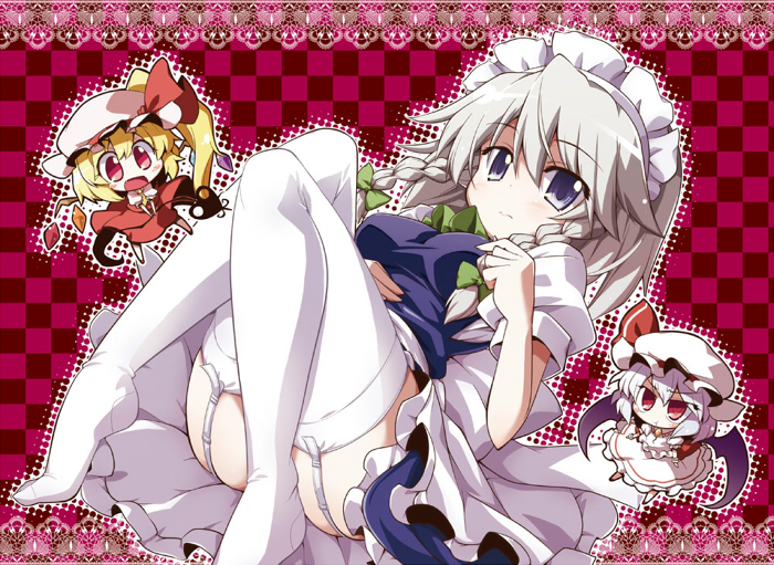 remilia scarlet, flandre scarlet, and izayoi sakuya (touhou) drawn by akaneya