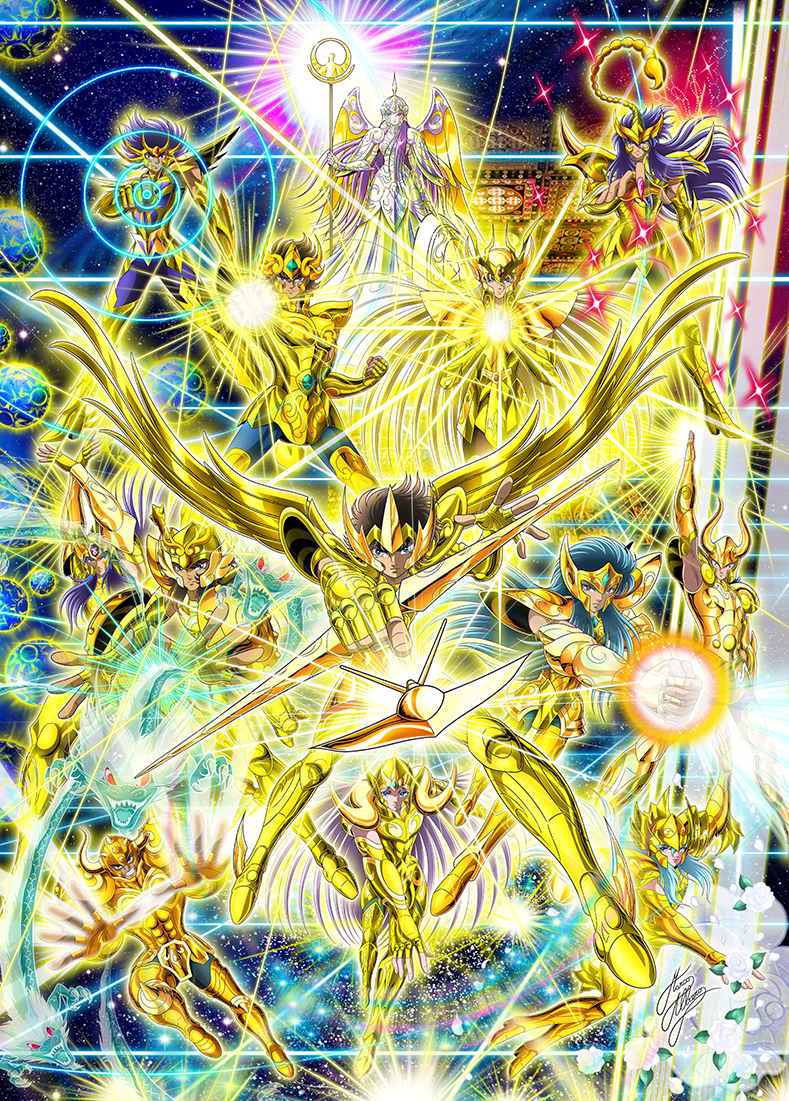 kido saori, pisces aphrodite, aries muu, athena, aquarius camus, and 9 more (saint seiya) drawn by marco_albiero
