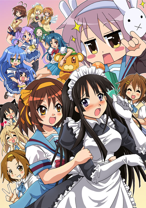 suzumiya haruhi, akiyama mio, nakano azusa, nagato yuki, hirasawa yui, and 13 more (k-on! and 9 more) drawn by colonel_aki