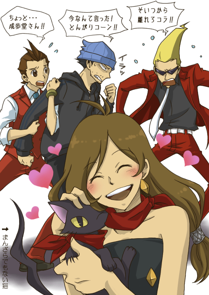 phoenix wright, apollo justice, trucy wright, sissel, cat, and 1 more (ace attorney and 2 more) drawn by loveguiltytour