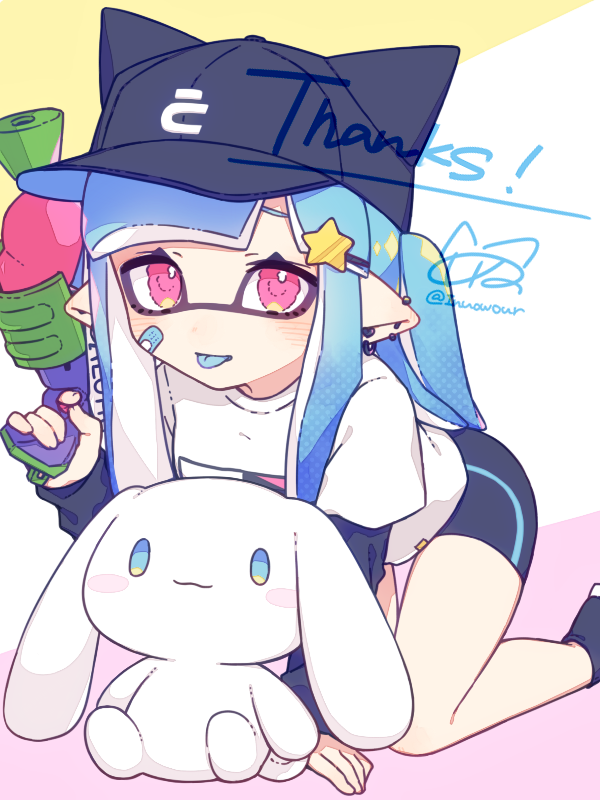 inkling player character, inkling girl, and cinnamoroll (splatoon and 3 more) drawn by inuowour