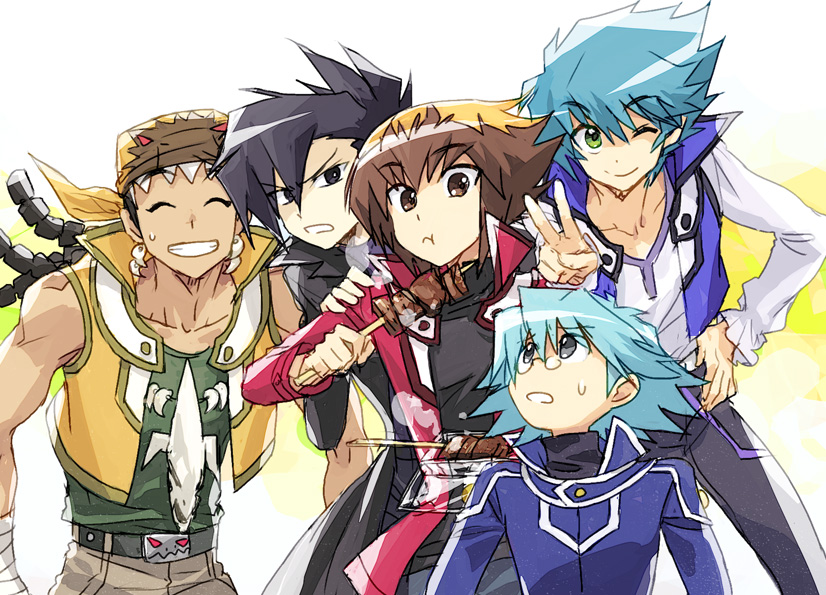 yuki judai, manjoume jun, johan andersen, marufuji sho, and tyranno kenzan (yu-gi-oh! and 1 more) drawn by moribuden
