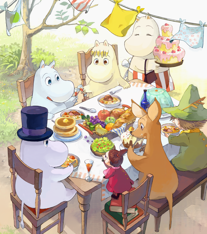 moomintroll, snufkin, little my, moominpappa, moominmamma, and 2 more (moomin) drawn by itou_hachi