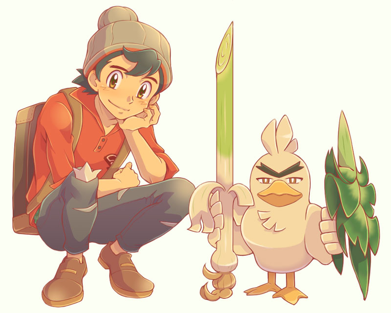ash ketchum, victor, and sirfetch'd (pokemon and 1 more) drawn by cyaneko