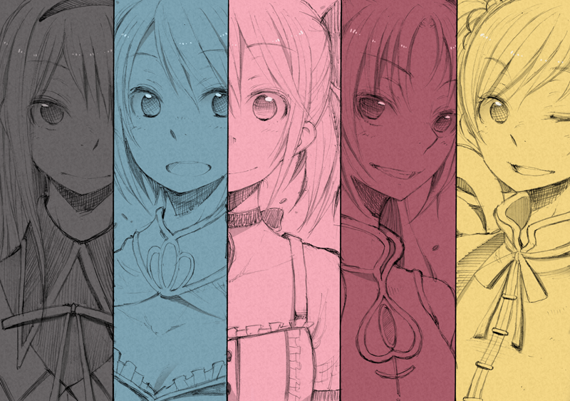 akemi homura, kaname madoka, miki sayaka, sakura kyoko, and tomoe mami (mahou shoujo madoka magica) drawn by urei-hibino
