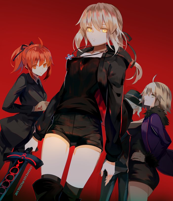 artoria pendragon, fujimaru ritsuka, jeanne d'arc alter, saber alter, and edmond dantes (fate and 1 more) drawn by weed_(astarone)