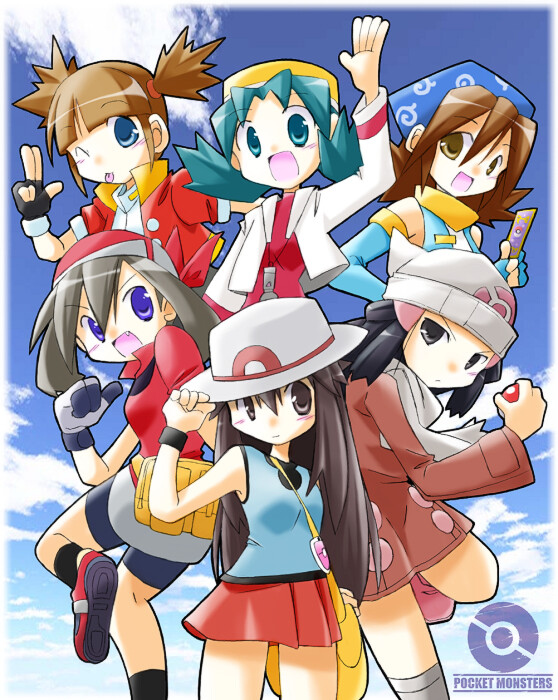 dawn, may, leaf, kris, kate, and 1 more (pokemon and 9 more) drawn by rascal_(feuille)