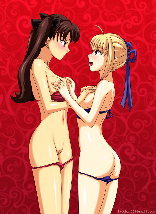 artoria pendragon, saber, and tohsaka rin (fate and 1 more) drawn by nikochan009