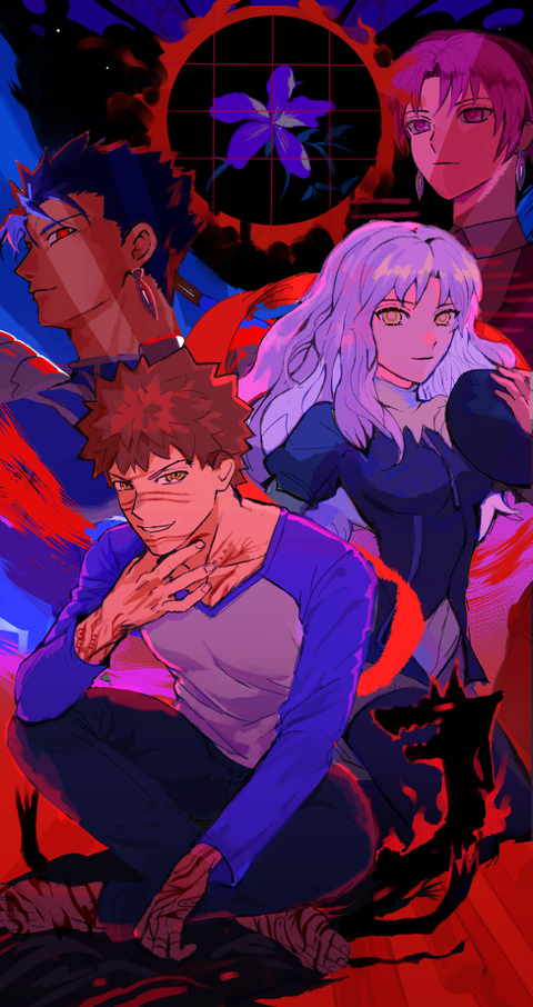 emiya shirou, cu chulainn, caren hortensia, bazett fraga mcremitz, and angra mainyu (fate and 1 more) drawn by erk_(okra_ecory)