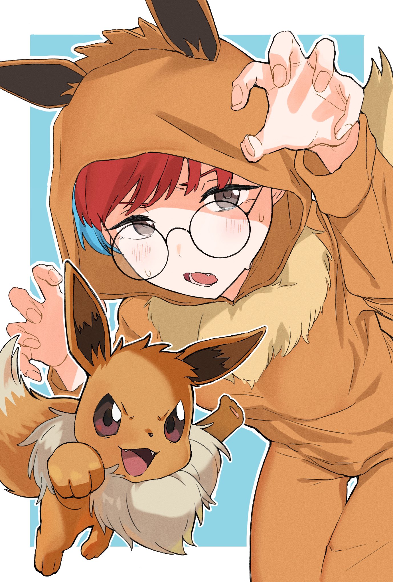 eevee, penny, and poke kid (pokemon and 1 more) drawn by