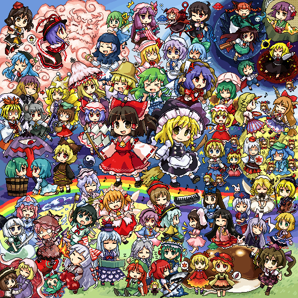 hakurei reimu, kirisame marisa, remilia scarlet, flandre scarlet, izayoi sakuya, and 66 more (touhou) drawn by pote_(ptkan)