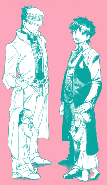 illyasviel von einzbern, kujo jotaro, kujo jolyne, and emiya kiritsugu (fate and 4 more) drawn by ruchi