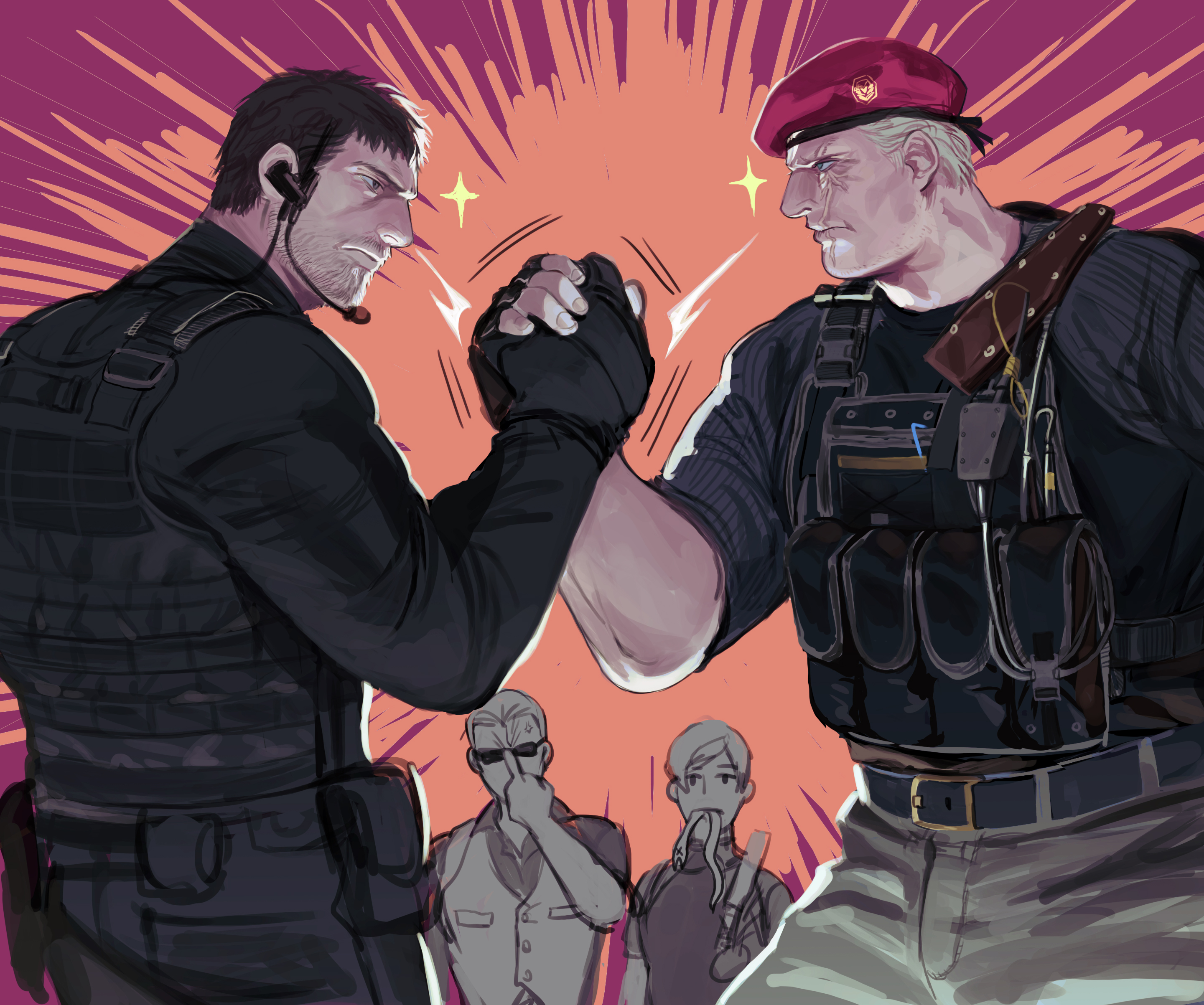 leon s. kennedy, chris redfield, albert wesker, and jack krauser (resident  evil and 3 more) drawn by on_(isk1812)