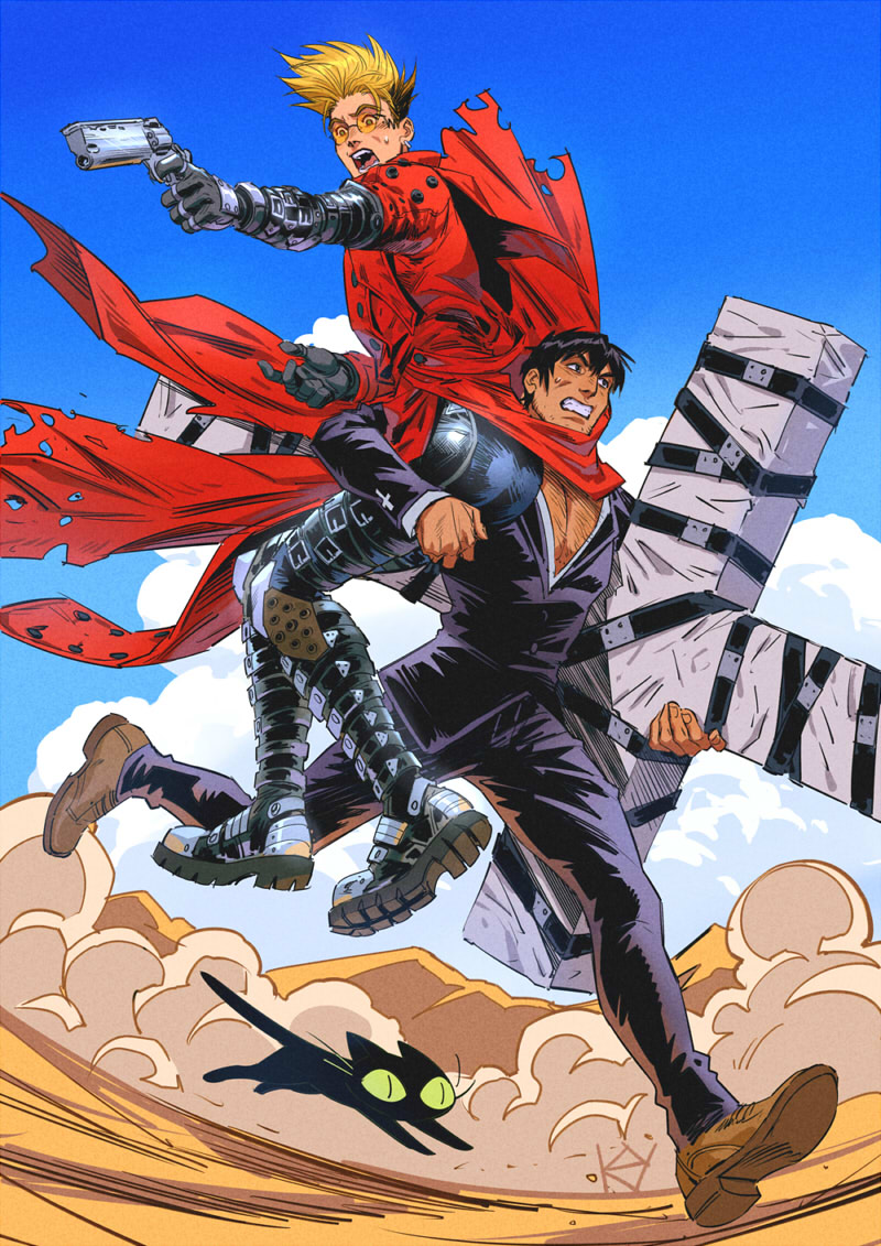 vash the stampede, nicholas d. wolfwood, and kuroneko (trigun) drawn by kaysd999