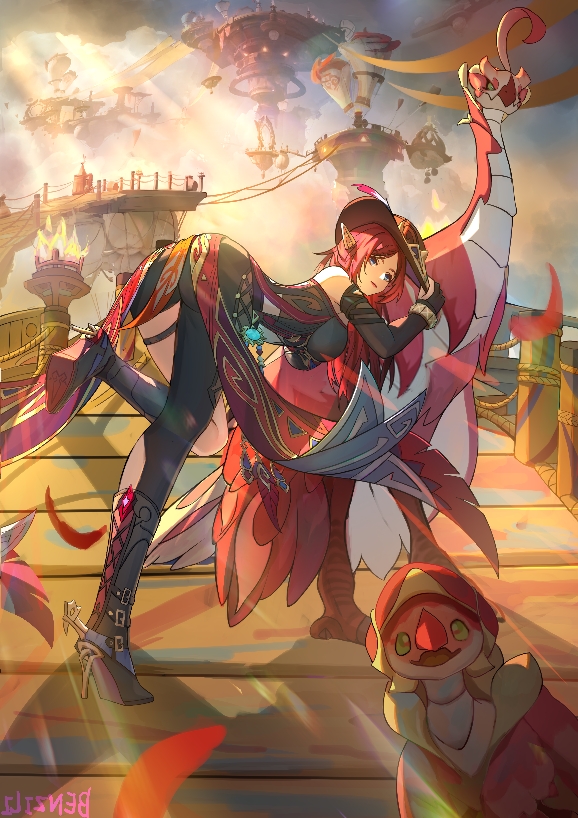 chasca and qucusaurus (genshin impact) drawn by benzi_li