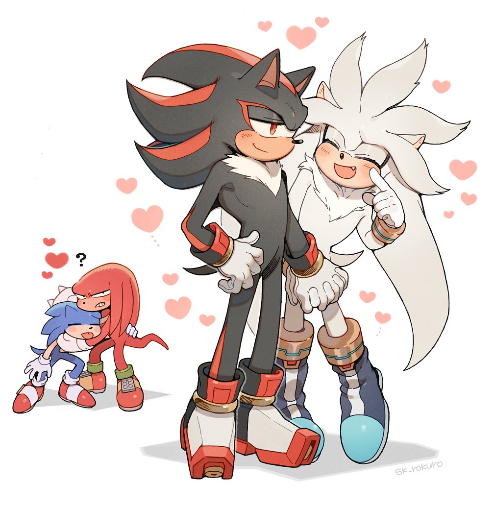 sonic the hedgehog, shadow the hedgehog, knuckles the echidna, and silver  the hedgehog (sonic) drawn by sk_rokuro