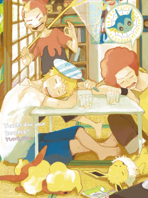 vaporeon, flareon, jolteon, volkner, flint, and 1 more (pokemon and 1 more) drawn by torako_(tegaki)