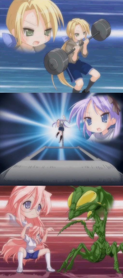 hiiragi kagami, takara miyuki, and kuroi nanako (lucky star)