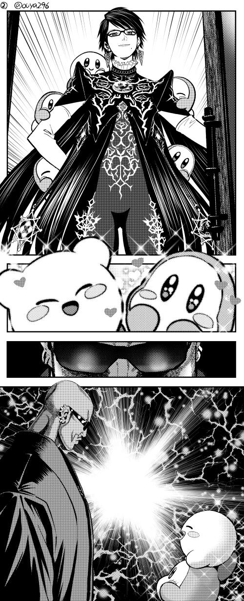 kirby, bayonetta, waddle dee, and rodin (kirby and 3 more) drawn by ouya_(maboroshimori)