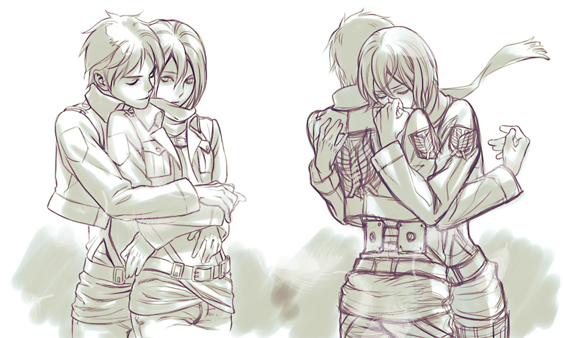 mikasa ackerman and eren yeager (shingeki no kyojin) drawn by wolfina
