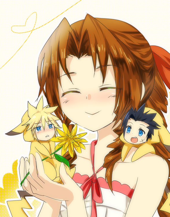 pikachu, cloud strife, aerith gainsborough, and zack fair (pokemon and 3 more) drawn by meru