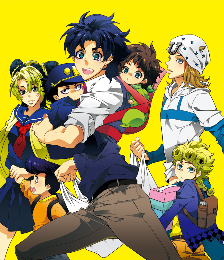 joseph joestar, kujo jotaro, kujo jolyne, giorno giovanna, jonathan joestar, and 2 more (jojo no kimyou na bouken and 7 more) drawn by arawaex