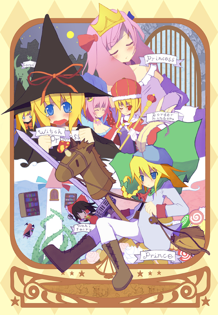 hakurei reimu, kirisame marisa, alice margatroid, patchouli knowledge, yakumo yukari, and 5 more (touhou) drawn by arashiya