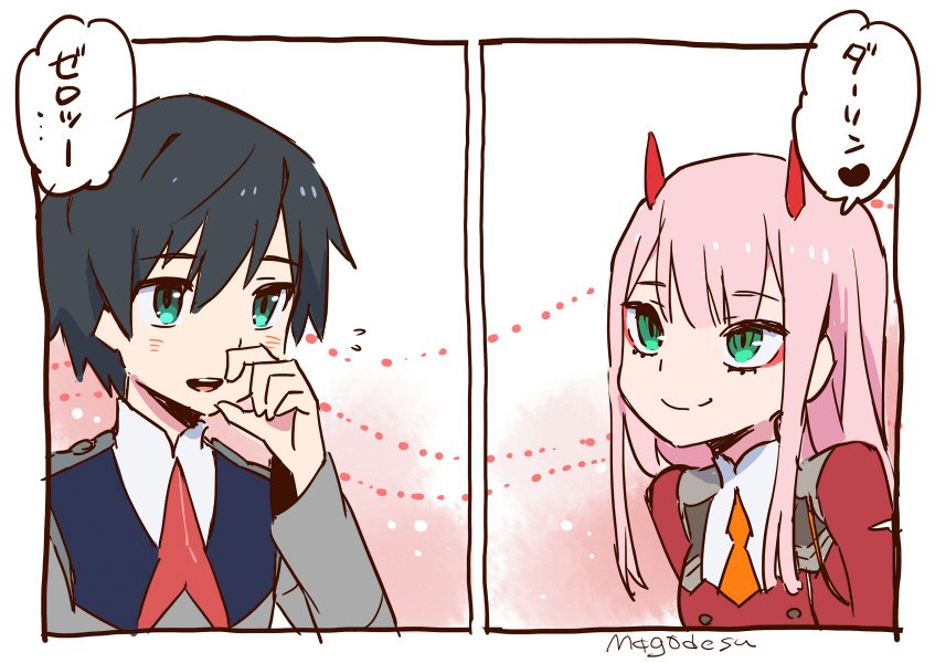 zero two and hiro (darling in the franxx) drawn by mago