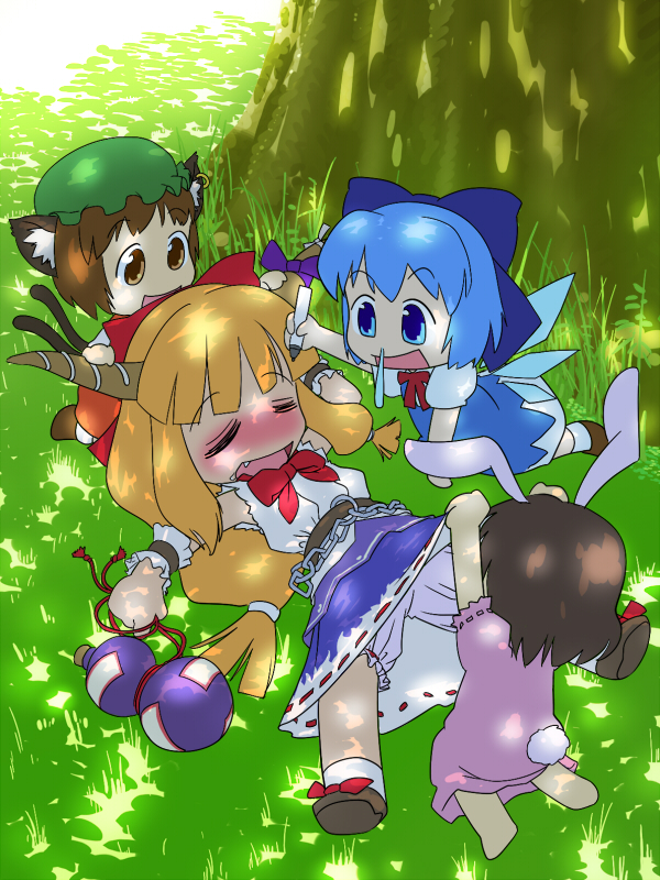 cirno, chen, ibuki suika, and inaba tewi (touhou) drawn by ogu_(oguogu)