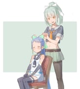 2girls alternate_hairstyle bangs belt black_legwear black_neckwear blue_hair blush chair closed_eyes elbow_gloves eyebrows_visible_through_hair gloves grey_hair hair_ribbon kantai_collection long_hair midriff multiple_girls navel open_mouth orange_eyes orange_neckwear pantyhose ponytail ribbon sailor_collar samidare_(kantai_collection) short_sleeves simple_background sitting skirt sleeveless smile standing suzuka_(suzuka9111) thighhighs yuubari_(kantai_collection) rating:s score:0 2girls alternate_hairstyle bangs belt black_legwear black_neckwear blue_hair blush chair closed_eyes elbow_gloves eyebrows_visible_through_hair gloves grey_hair hair_ribbon kantai_collection long_hair midriff multiple_girls navel open_mouth orange_eyes orange_neckwear pantyhose ponytail ribbon sailor_collar samidare_(kantai_collection) short_sleeves simple_background sitting skirt sleeveless smile standing suzuka_(suzuka9111) thighhighs yuubari_(kantai_collection)