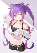 1girl animal_ears bare_shoulders black_shorts blush breasts cat_ears choker cleavage closed_mouth crop_top cropped_legs earrings green_eyes groin hair_ornament hairclip highres hololive jewelry kemonomimi_mode long_hair long_sleeves looking_at_viewer medium_breasts multicolored_hair navel nyan_(reinyan_007) off_shoulder paw_pose pink_hair purple_hair shorts simple_background smile solo streaked_hair tokoyami_towa twintails very_long_hair virtual_youtuber rating:s score:4 post #3912033