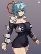 1girl aqua_hair black_shirt boku_no_hero_academia breasts cowboy_shot disembodied_limb evil_grin evil_smile eyebrows eyebrows_visible_through_hair facial_scar genderswap genderswap_(mtf) grin hand_around_neck hand_on_head hands hands_on_shoulders highres jmg large_breasts long_shirt mole mole_under_mouth scar scar_across_eye shigaraki_tomura shirt smile teeth thighs rating:s score:5 post #3986600