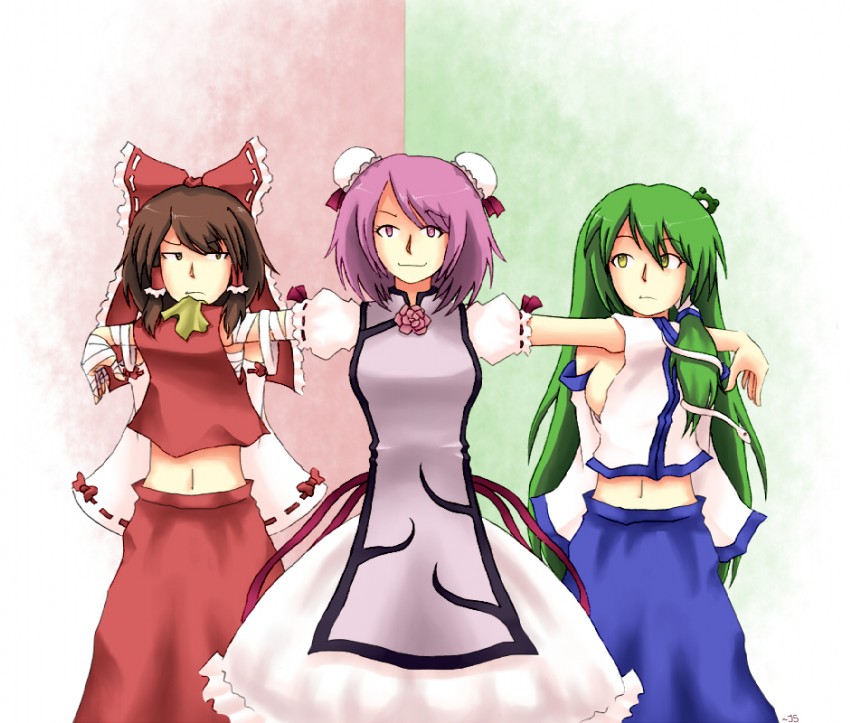 hakurei reimu, kochiya sanae, and ibaraki kasen (touhou) drawn by daigada
