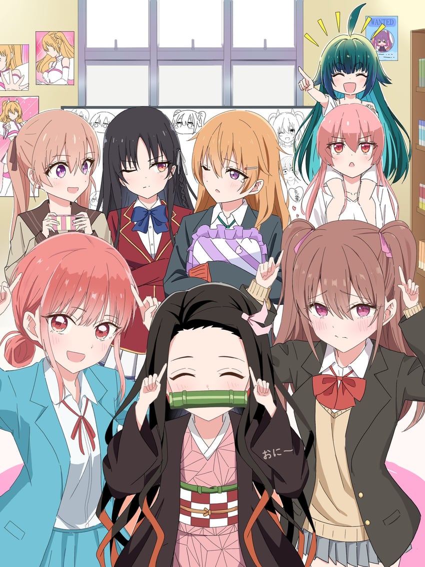 kamado nezuko, konoe kanata, horikita suzune, liliel, chouno hina, and 6 more (love live! and 9 more) drawn by akure1129