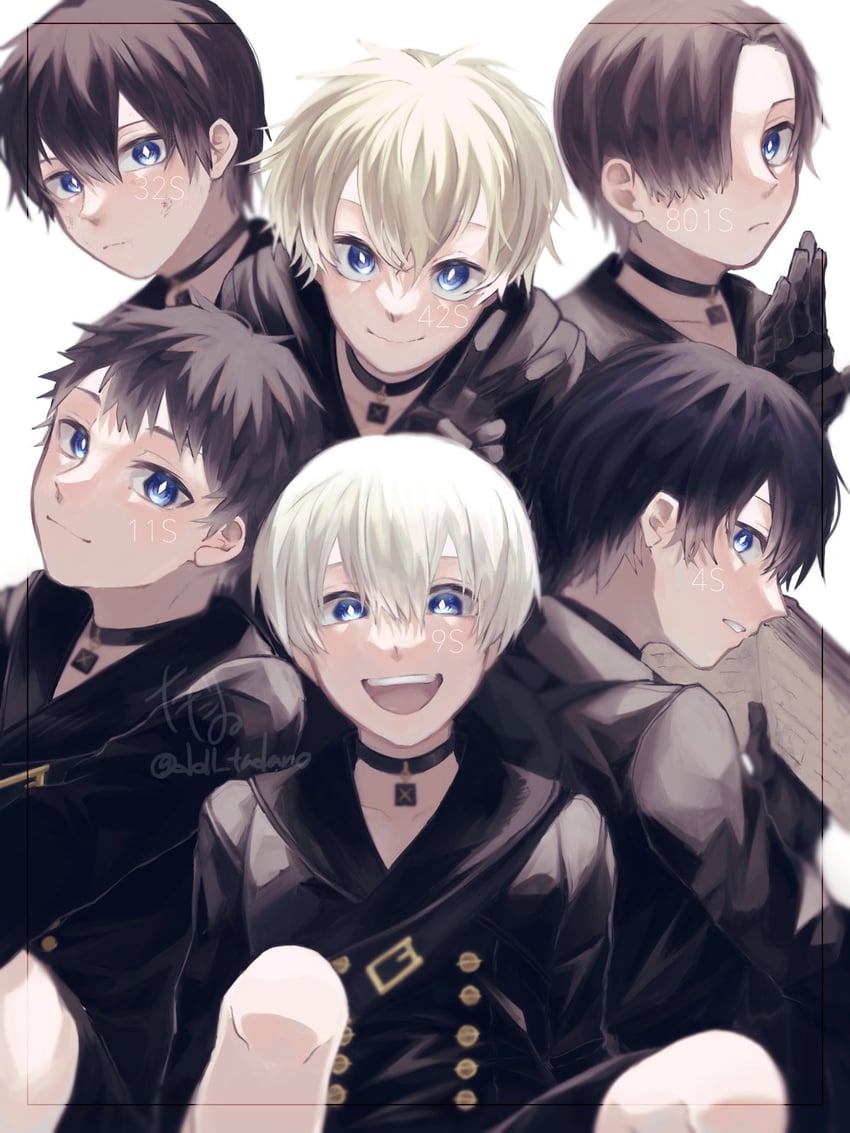9s, 4s, 801s, 32s, 42s, and 1 more (nier and 2 more) drawn by sumuraku-tadano