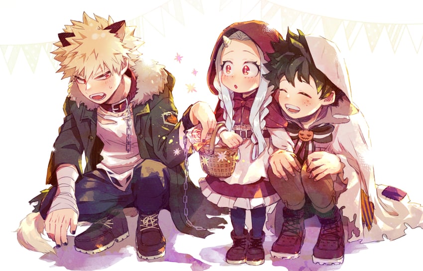 midoriya izuku, bakugou katsuki, little red riding hood, and eri (boku no hero academia and 1 more) drawn by tannoci