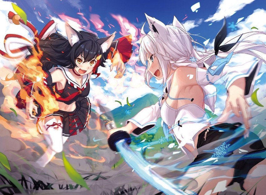 shirakami fubuki and ookami mio (hololive and 1 more) drawn by yachimoto