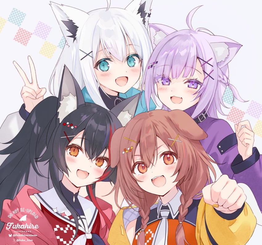 shirakami fubuki, nekomata okayu, ookami mio, and inugami korone (hololive) drawn by fukahire_(ruinon)