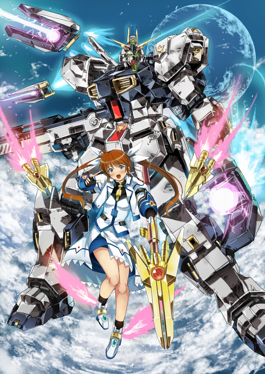 takamachi nanoha, raising heart, and nu gundam (gundam and 3 more) drawn by garimpeiro