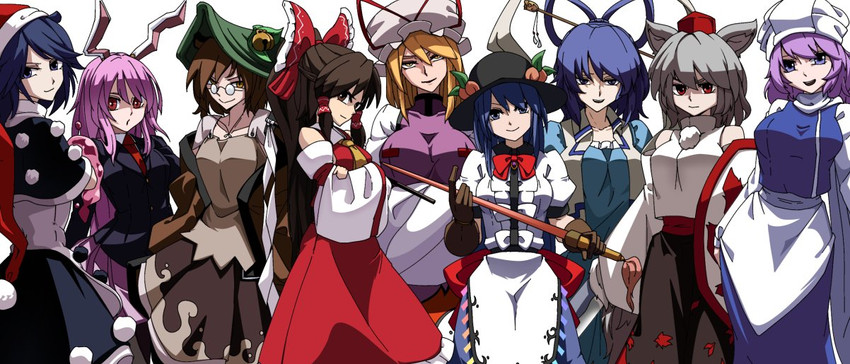 hakurei reimu, yakumo yukari, reisen udongein inaba, inubashiri momiji, hinanawi tenshi, and 4 more (touhou) drawn by kikoka_(mizuumi)