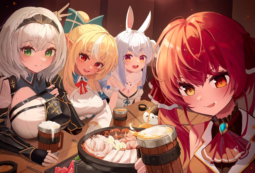 houshou marine, usada pekora, shirogane noel, shiranui flare, and don-chan (hololive) drawn by daraamji2