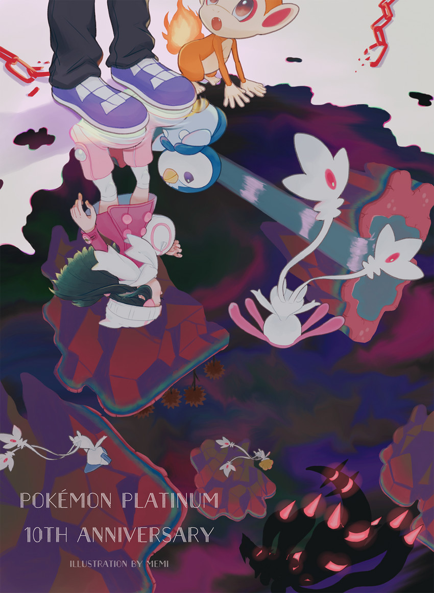dawn, piplup, lucas, giratina, chimchar, and 3 more (pokemon and 2 more) drawn by memi_(gamemix)