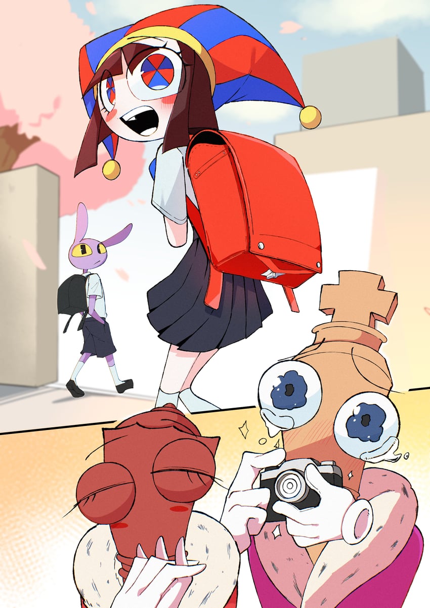 pomni, jax, kinger, and queenie (the amazing digital circus) drawn by matatabi_tukikage