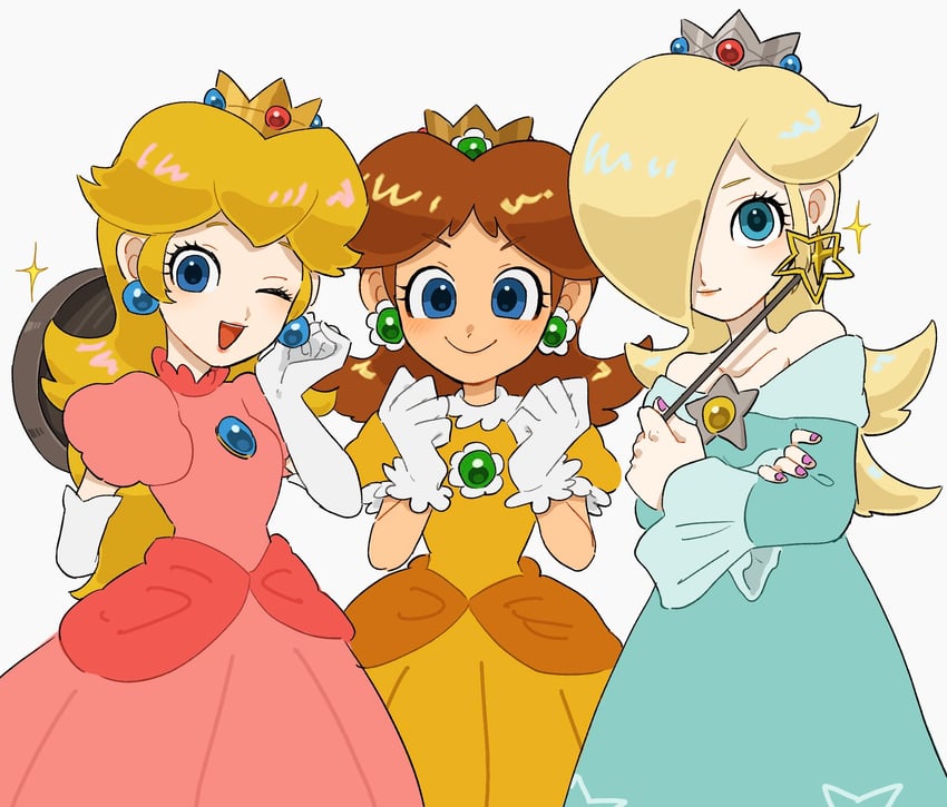 princess peach, rosalina, and princess daisy (mario) drawn by mimimi_(mimimim9999)