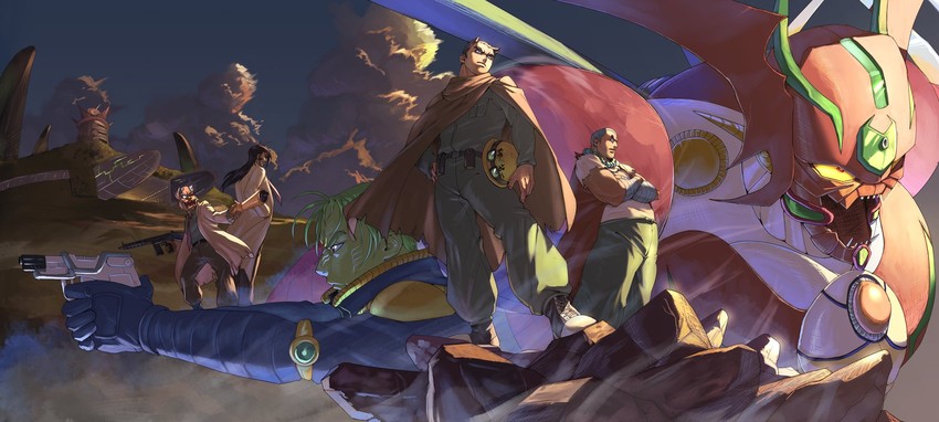 jin hayato, getter arc, nagare takuma, shou kamui, yamagishi baku, and 1 more (getter robo and 1 more) drawn by vldhomecenter