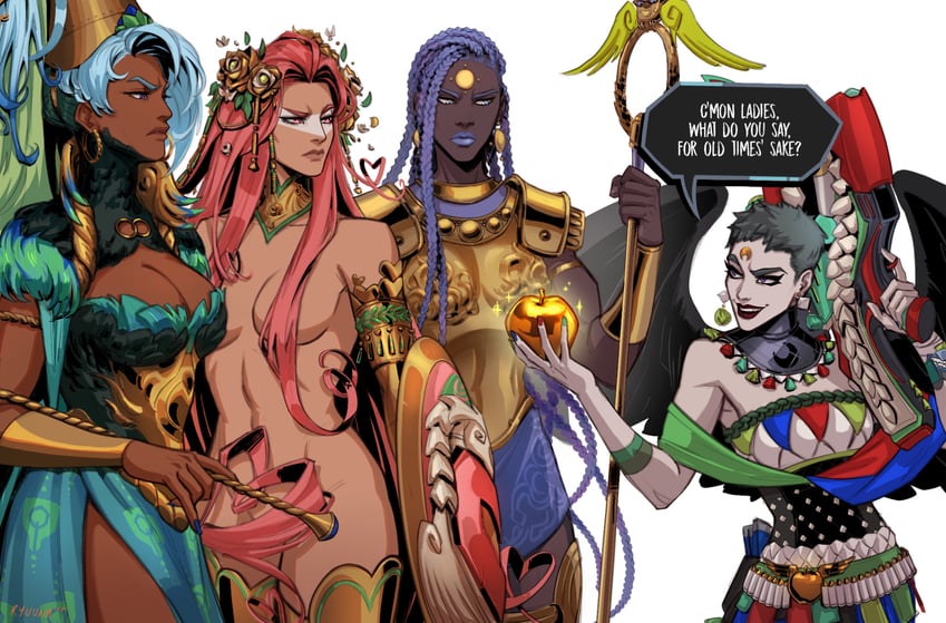 aphrodite, athena, eris, and hera (hades and 1 more) drawn by grace_kim_(ryuuna)