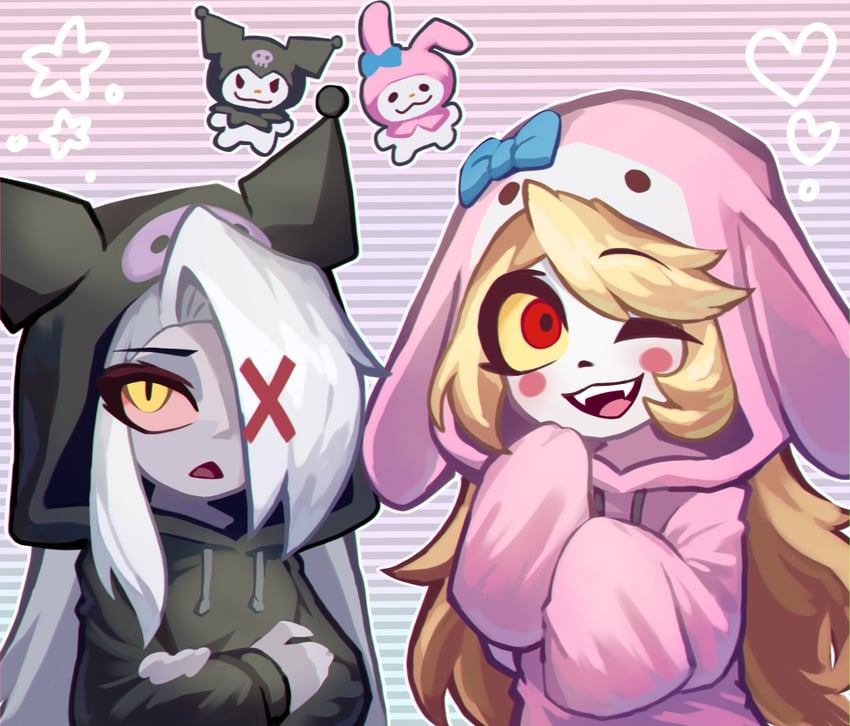 my melody, kuromi, charlie morningstar, and vaggie (sanrio and 2 more) drawn by tangerine_grim