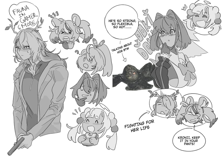 ouro kronii, nanashi mumei, hakos baelz, ceres fauna, tsukumo sana, and 1 more (hololive and 3 more) drawn by elisbian