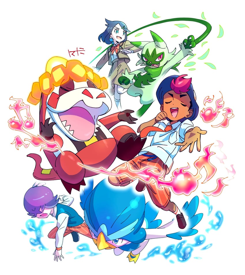 liko, dot, roy, floragato, quaxwell, and 1 more (pokemon and 1 more) drawn by tomatomi